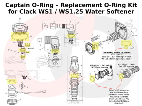 Captain O-Ring WS1 bypass valve parts display multiple seals for easy repair.