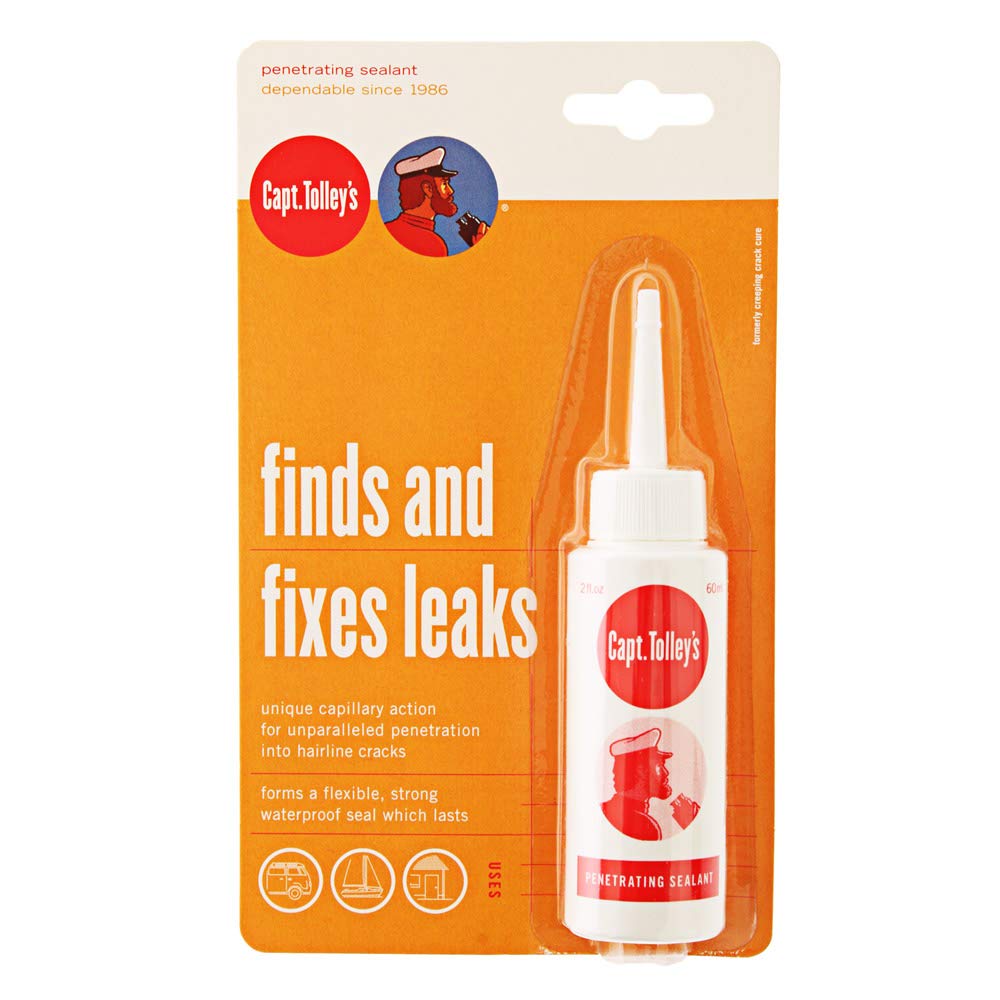 Captain Tolley's Creeping Crack Cure bottle pour demonstrates rapid crack sealing for caravans.