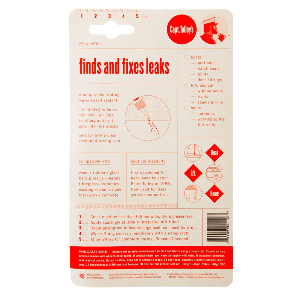 Captain Tolley's Creeping Crack Cure seal-application enables quick repairs without dismantling for tight gaps.