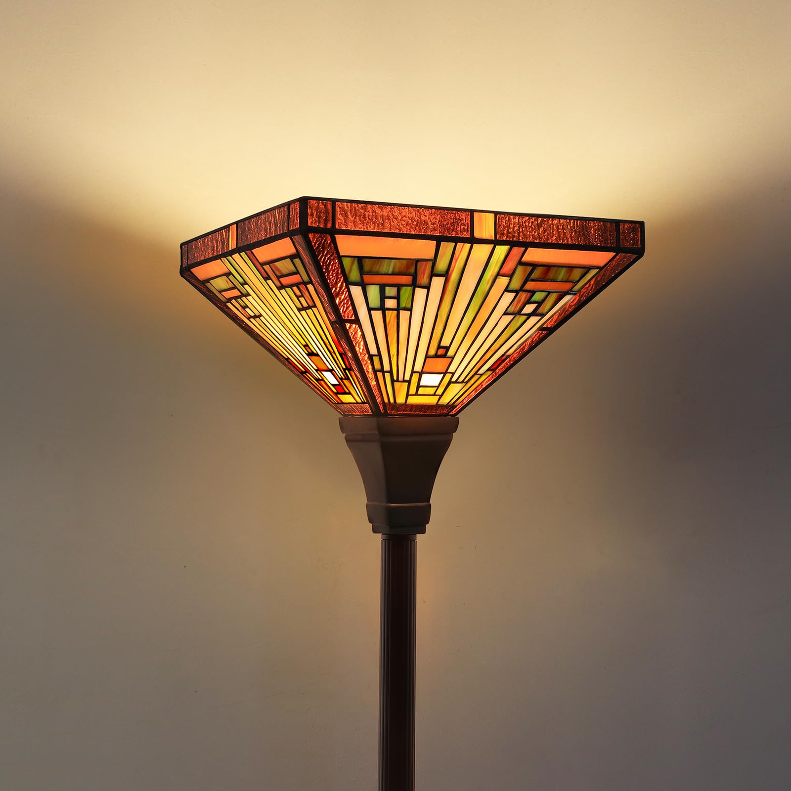 Capulina Tiffany lamp with industrial bronze pole provides sturdy height