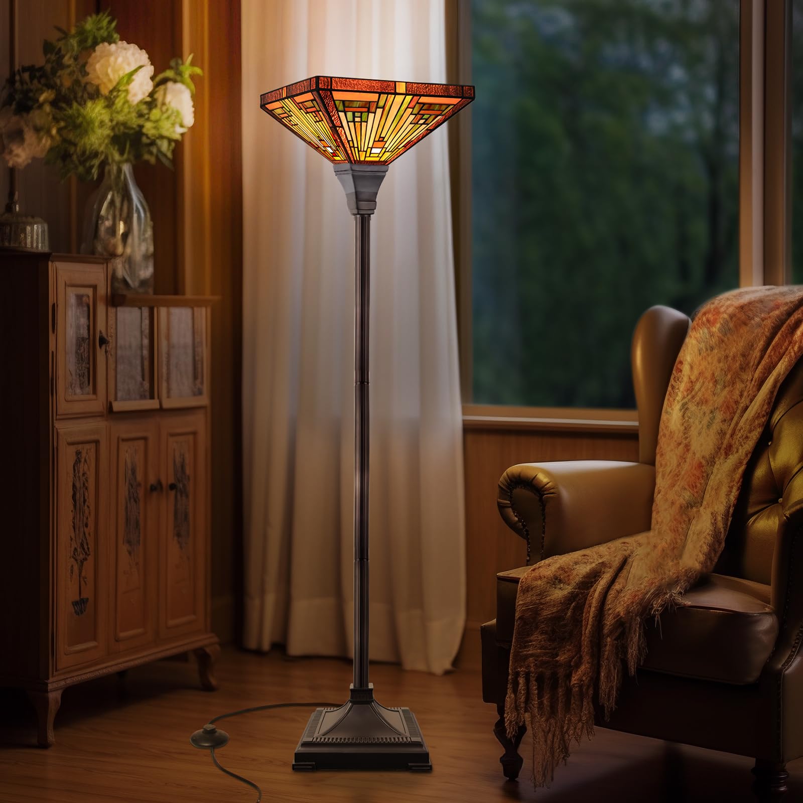 Capulina Tiffany lamp elevates living room decor with colorful glow