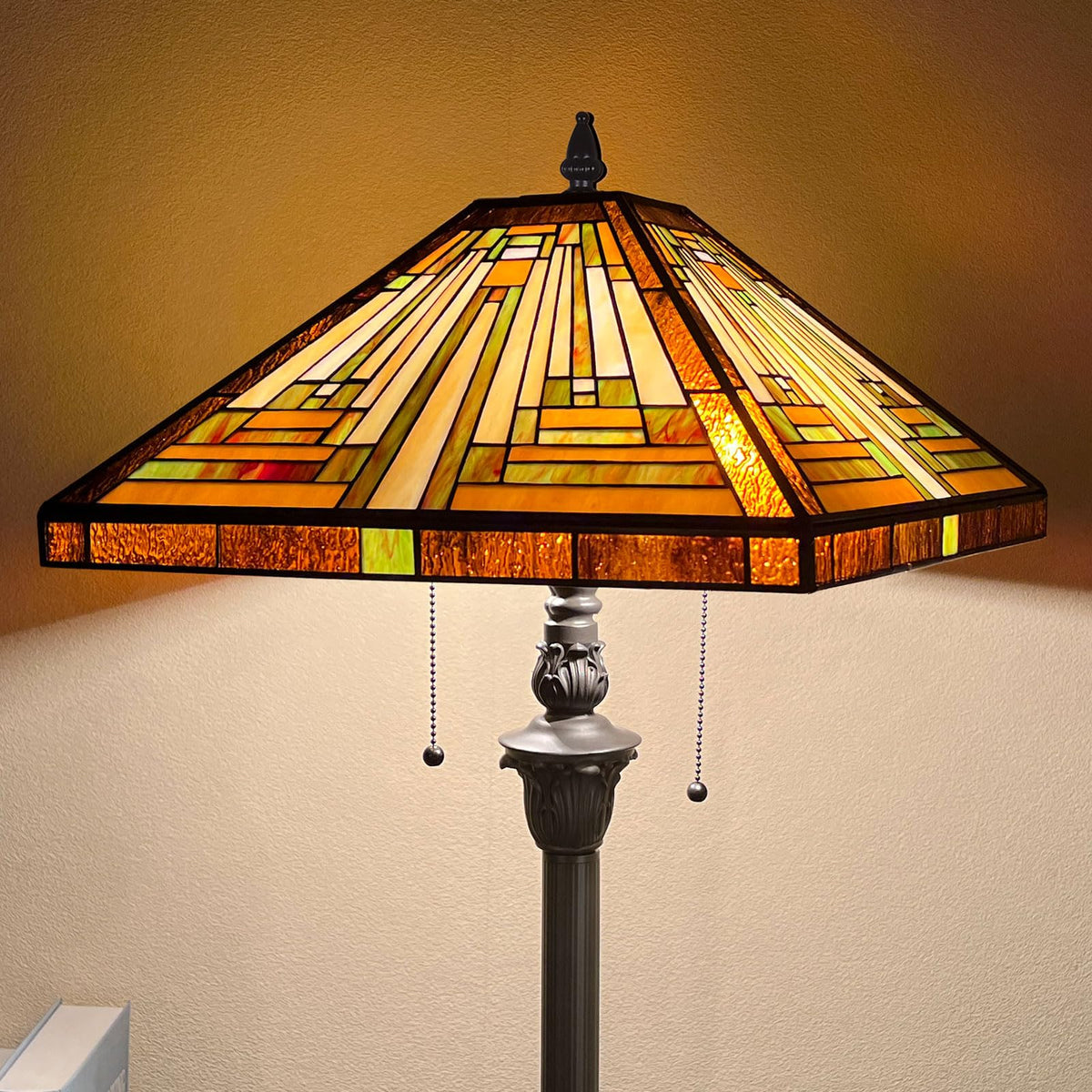 Capulina Tiffany Lamp shade detail shows vibrant stained-glass colors when lit