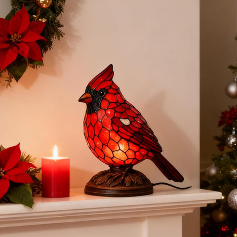 Cardinal Lamp handcrafted, 7-inch size fits bedside tables for subtle nightly warmth.