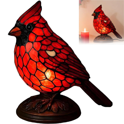 Cardinal Lamp stained glass table light with vibrant red bird for warm ambient illumination.