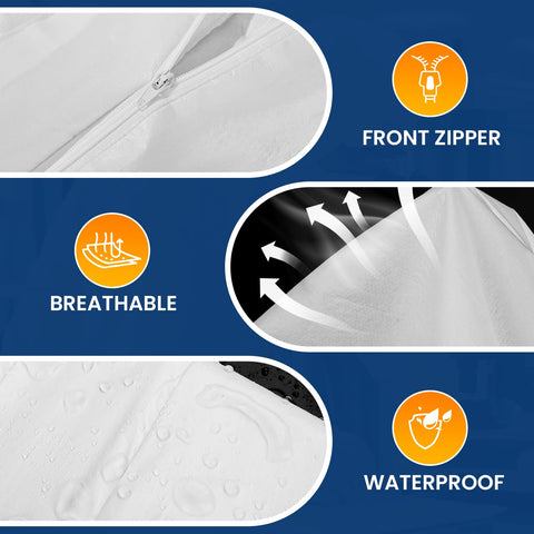 CAREGY coveralls showing elastic wrists and hood for a secure, flexible fit.