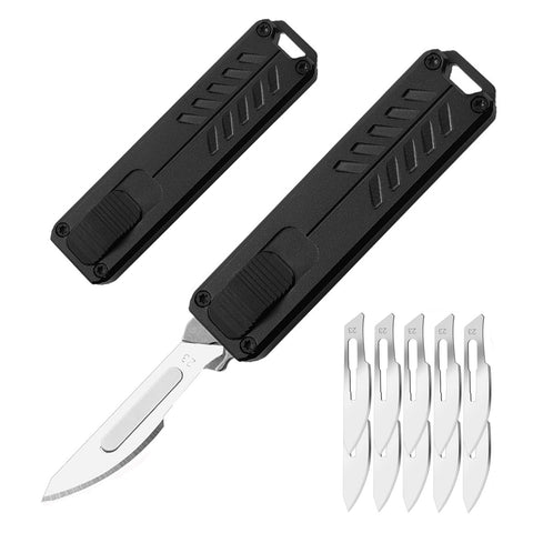 Caressolove auto retractable knife with push button for controlled blade deployment.