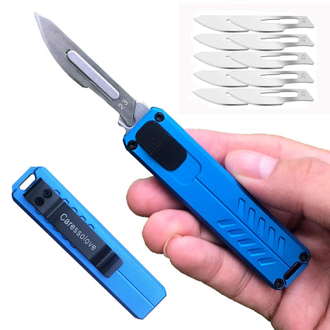 Caressolove automatic knife with blue handle enables precise everyday cutting.