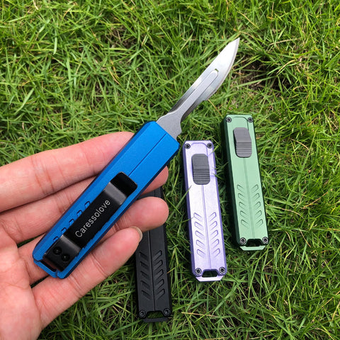 Caressolove box cutter retractable blue demonstrates safe push-button deployment.