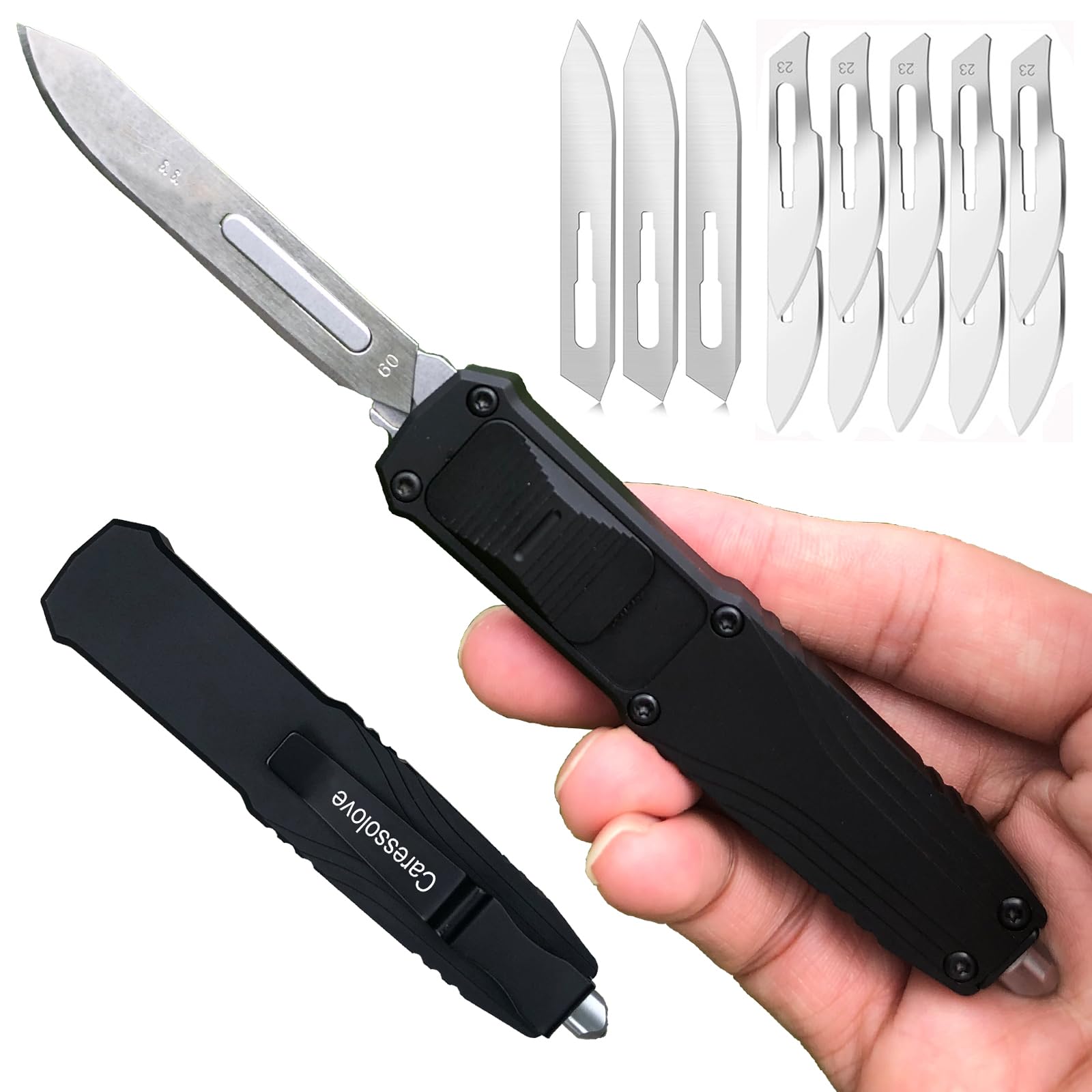 Caressolove EDC retractable scalpel knife in full size for one-handed use.