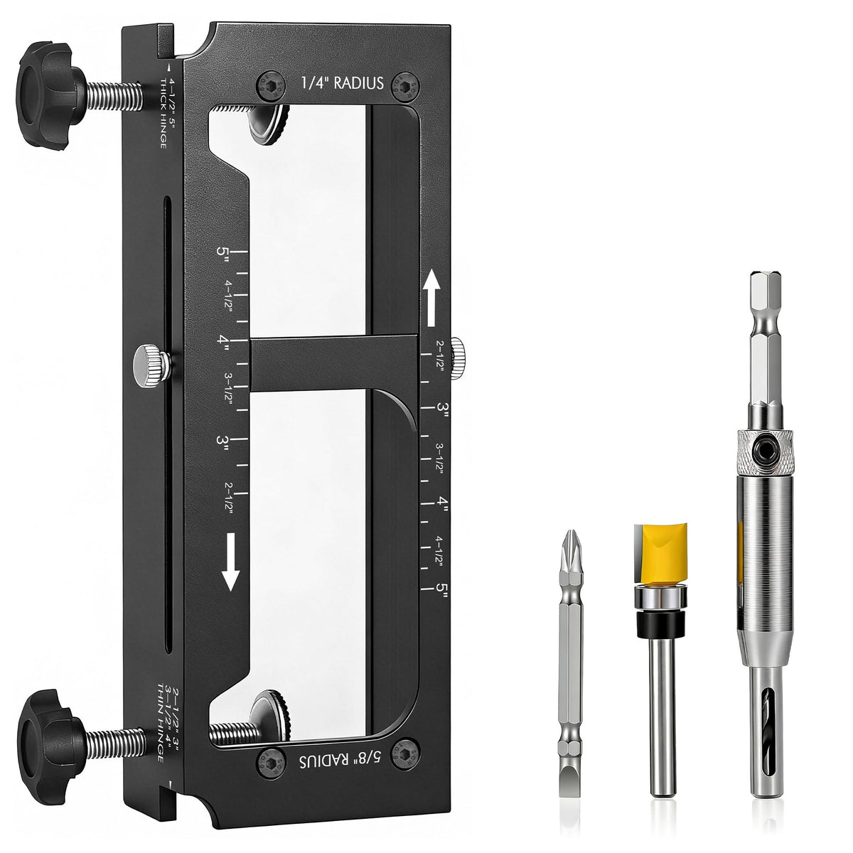 Carfever hinge jig in aluminum body delivering rigid, precise mortises.