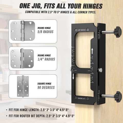 Built-in depth guide speeds hinge setting for thin and thick ranges.