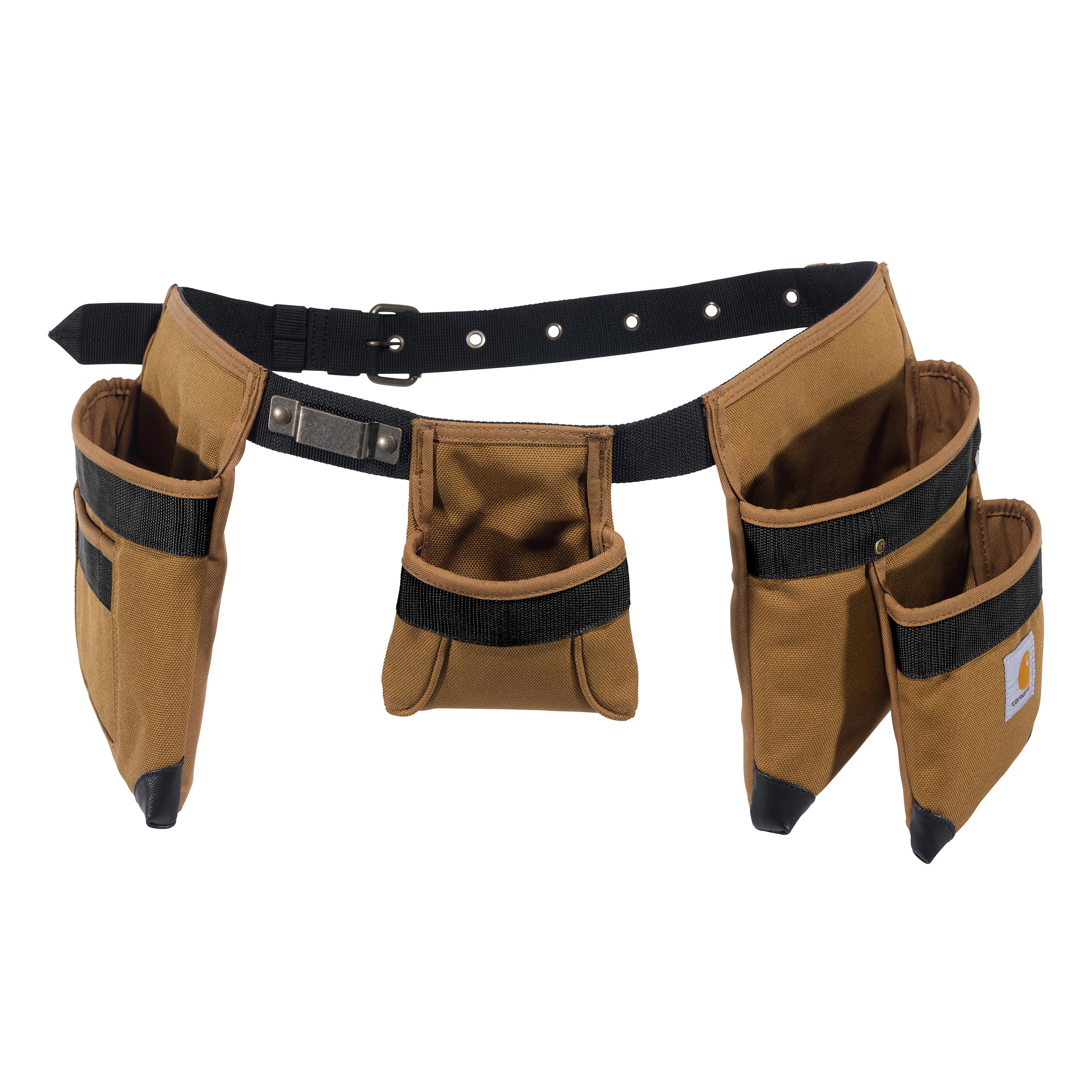 Carhartt padded tool belt front view with rugged pockets for quick access.