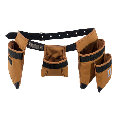 Carhartt padded tool belt front view with rugged pockets for quick access.