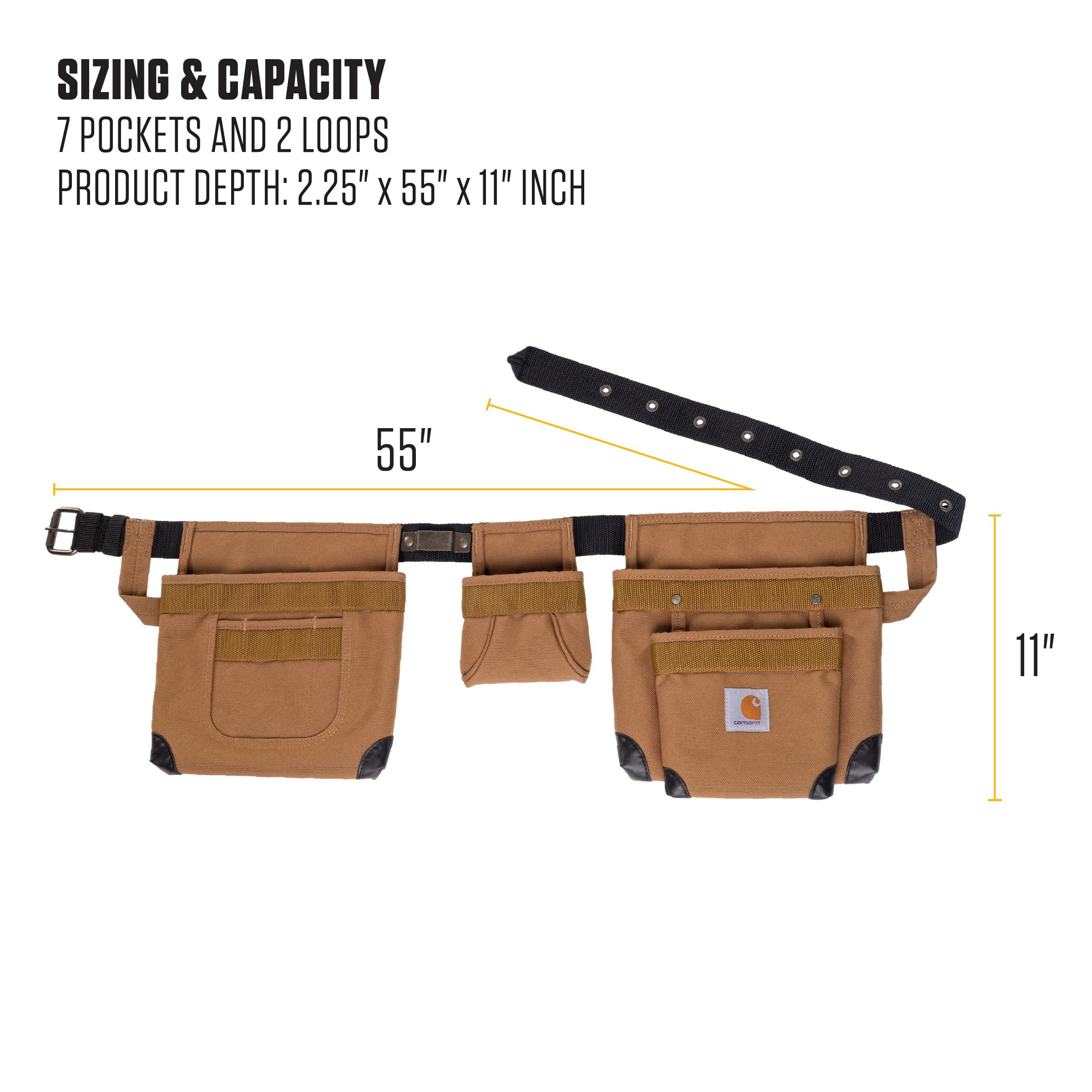 Carhartt padded tool belt hammer hook and tape measure holder in use.