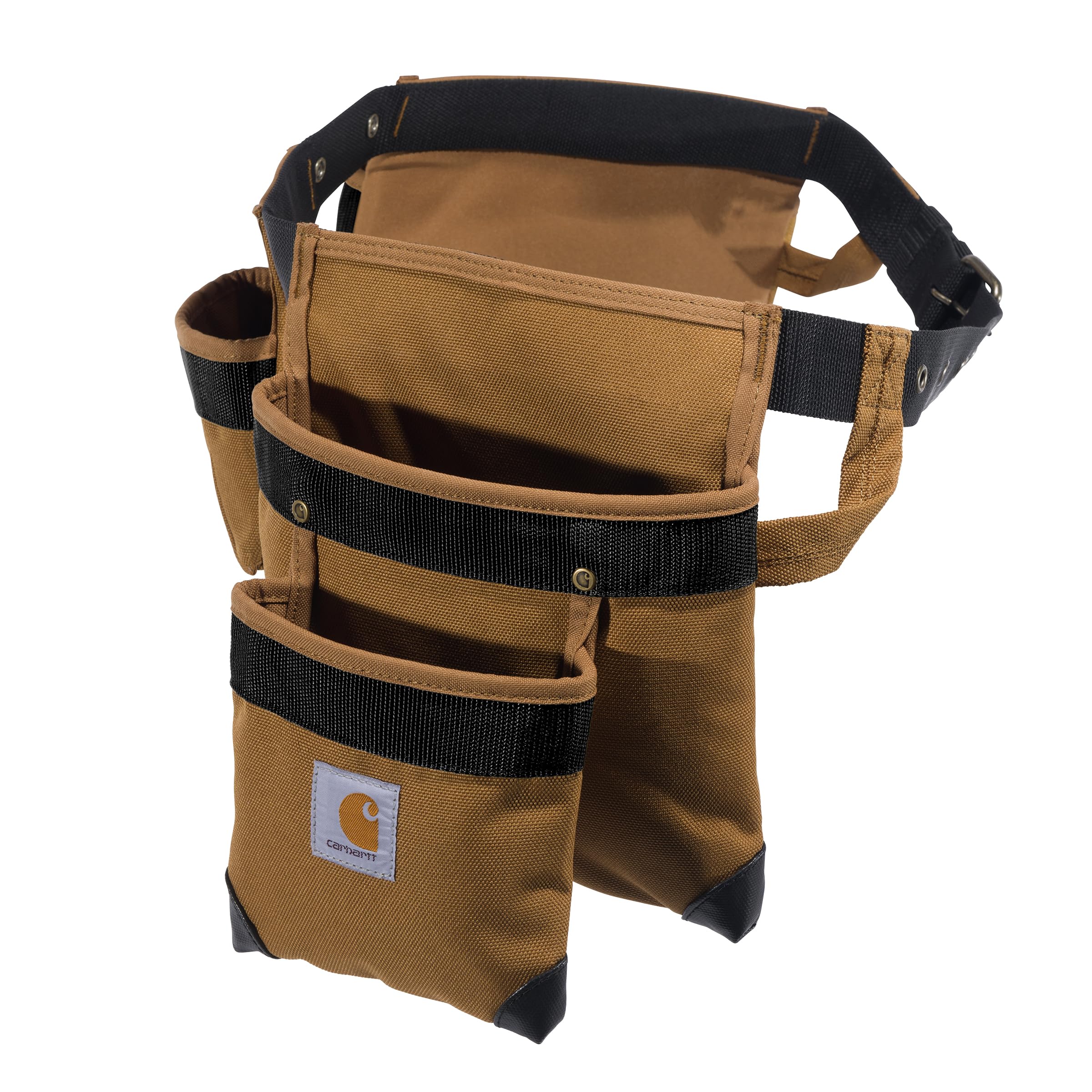 Carhartt padded tool belt pocket close-up highlighting nine pockets and six loops.