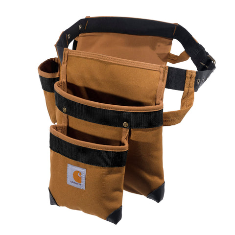 Carhartt padded tool belt pocket close-up highlighting nine pockets and six loops.