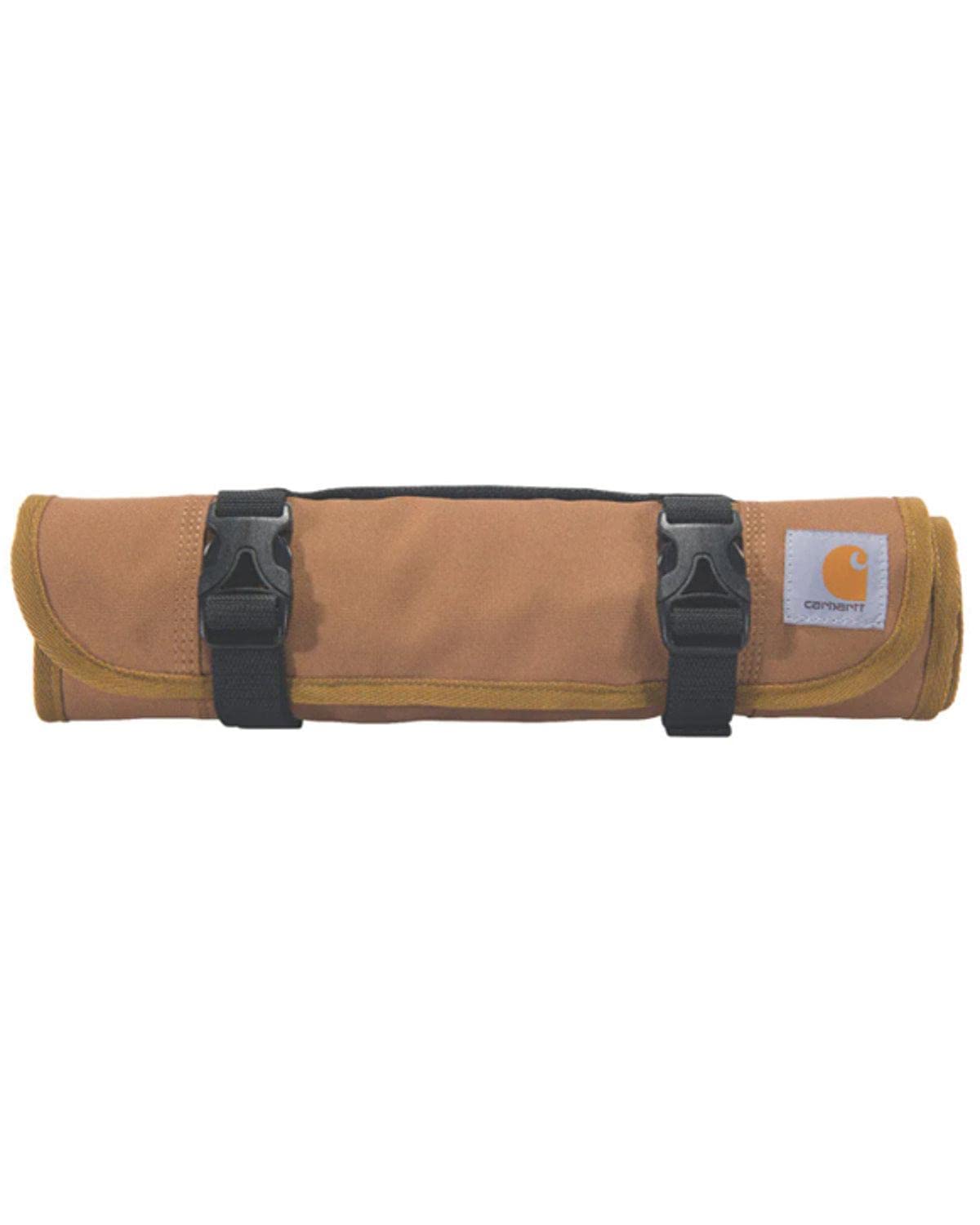 Carhartt 18-pocket tool roll opened showing organized pockets for quick access.