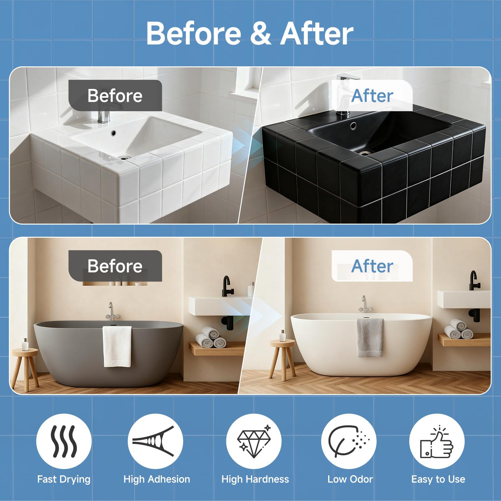 Masking tape and roller tools shown for clean, crisp refinished edges.