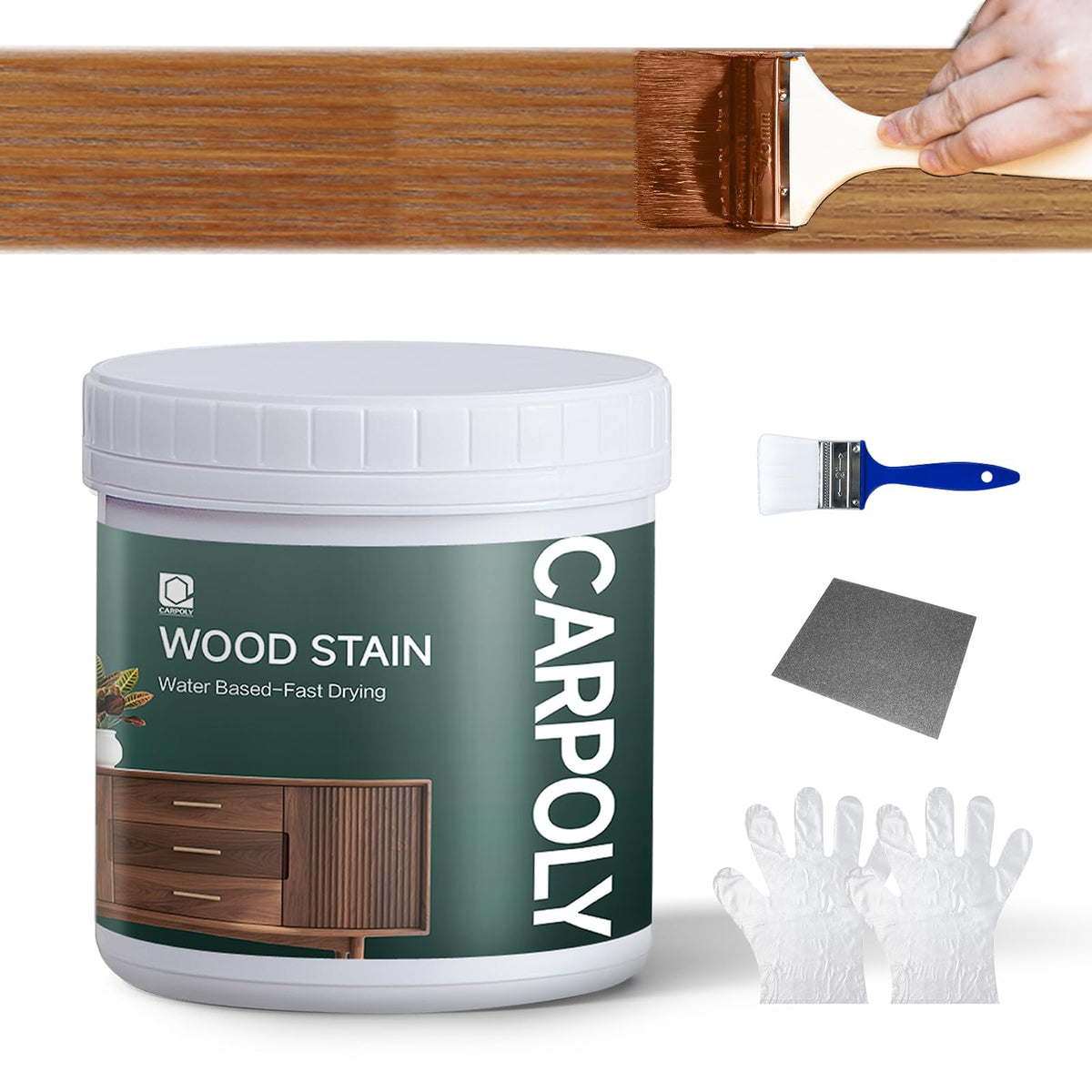 CARPOLY teak wood stain highlights grain for indoor and outdoor furniture.