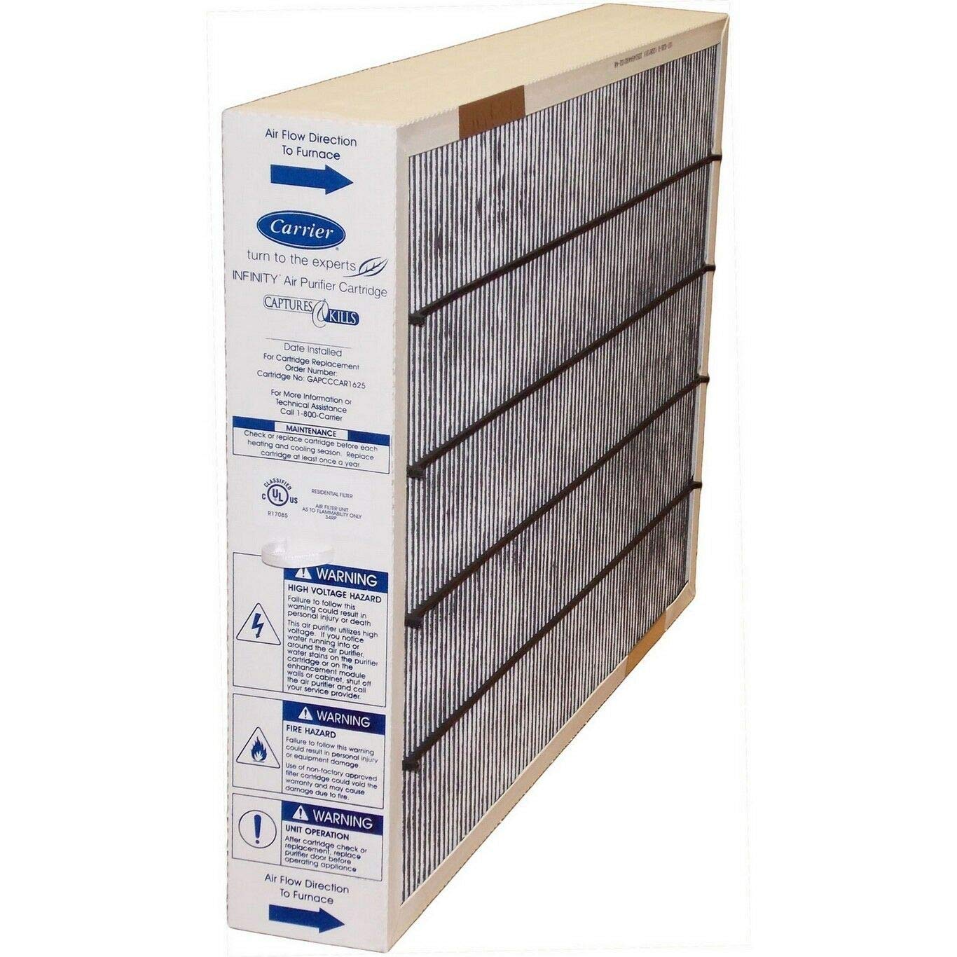 Carrier GAPCCCAR1625 filter closeup highlighting MERV 15 performance for allergens and HVAC efficiency
