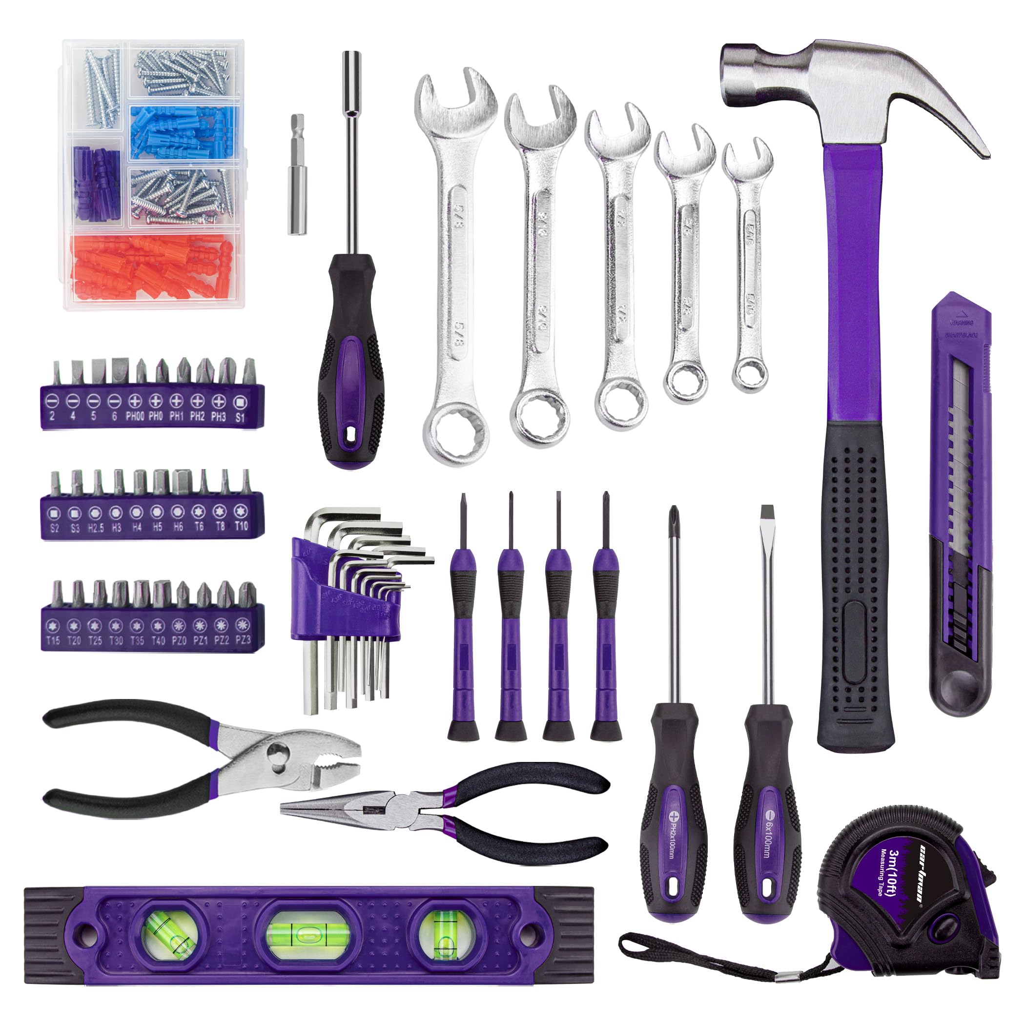 Hammer and pliers alongside purple case highlight durable construction.