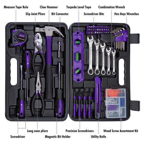 Tools spread inside CARTMAN purple kit for quick household repairs.