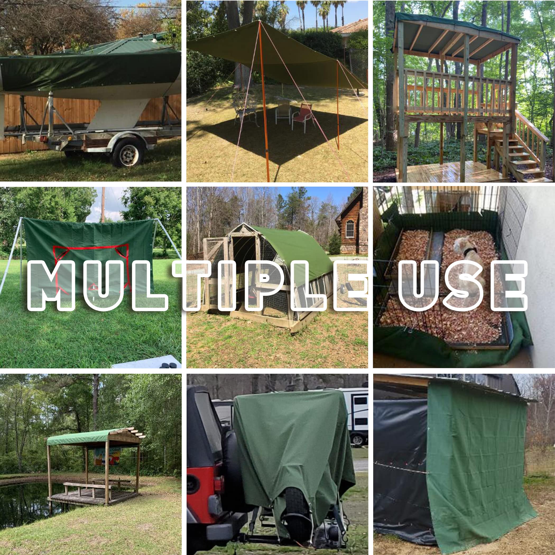Cartman all-season-use tarp shown as camping ground shelter and canopy cover.