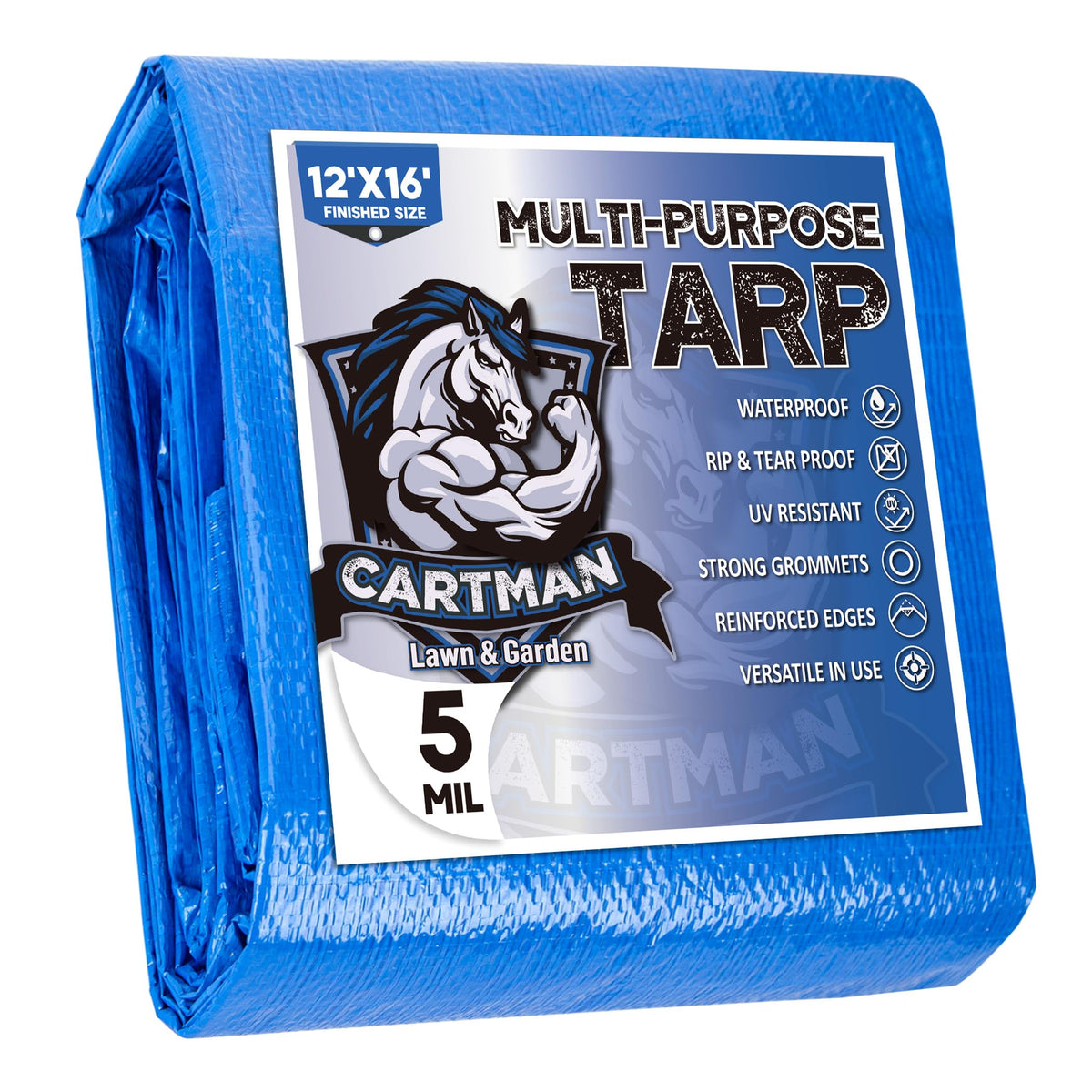 CARTMAN blue tarp 12x16 laid flat protecting gear from rain and dust.