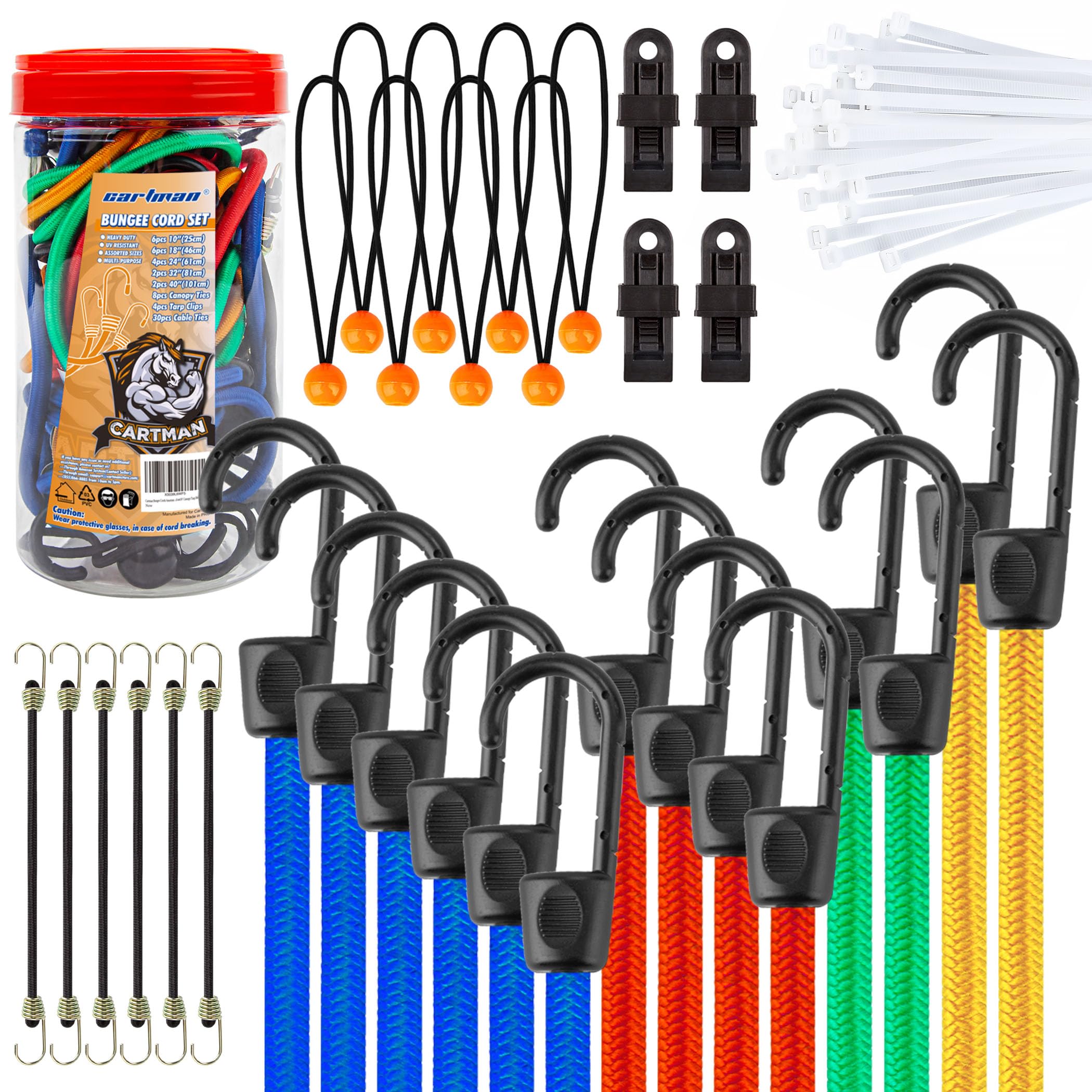 Cartman bungee cords assortment in a clear jar helps quick length selection