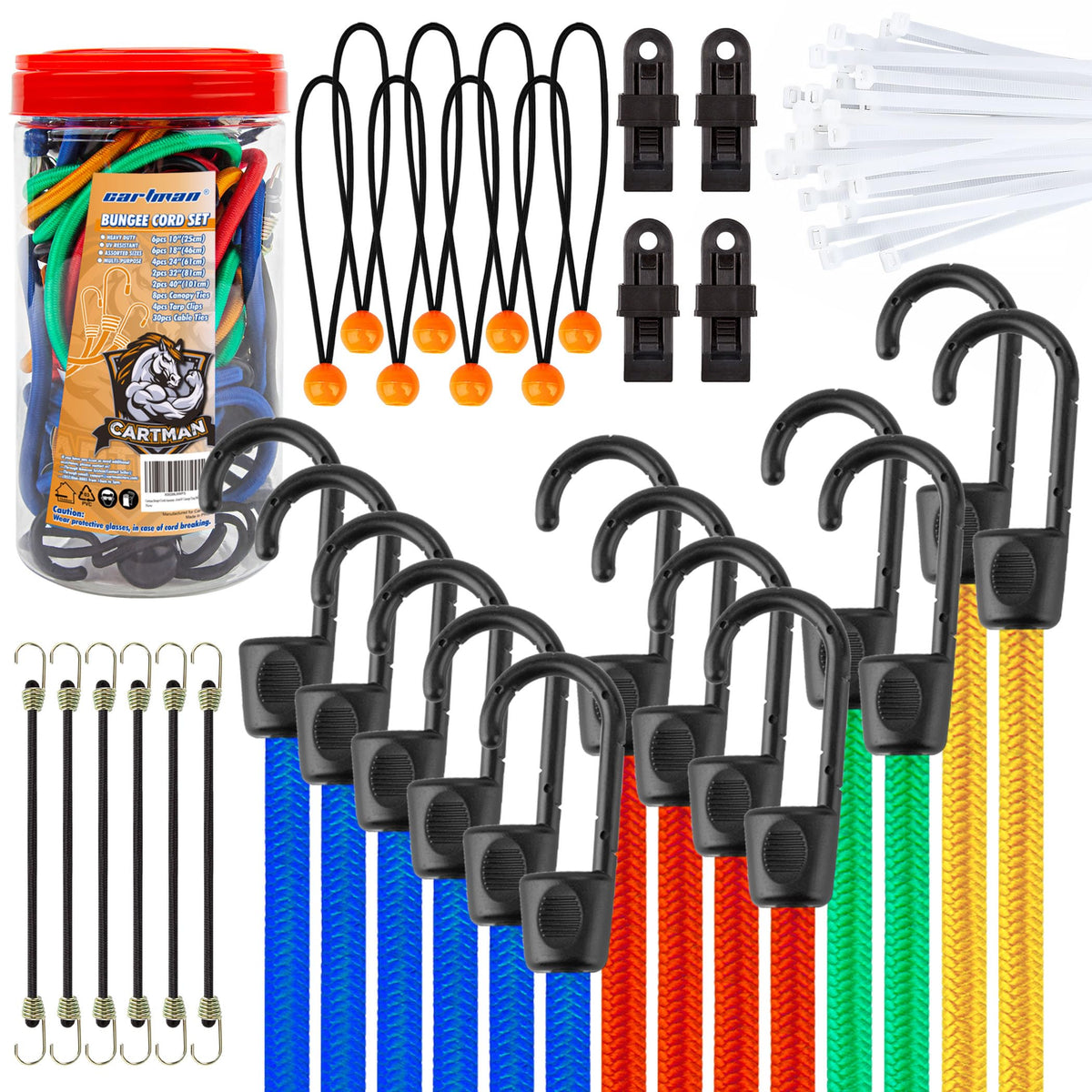 Cartman bungee cords assortment in a clear jar helps quick length selection