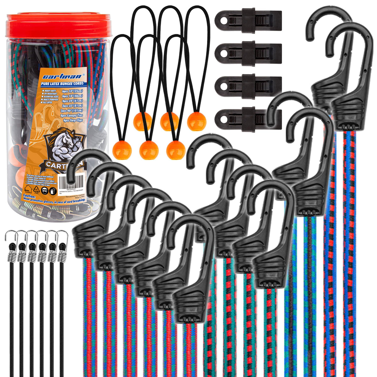 Cartman heavy-duty bungee cords with hooks for quick securing at home or on the go.
