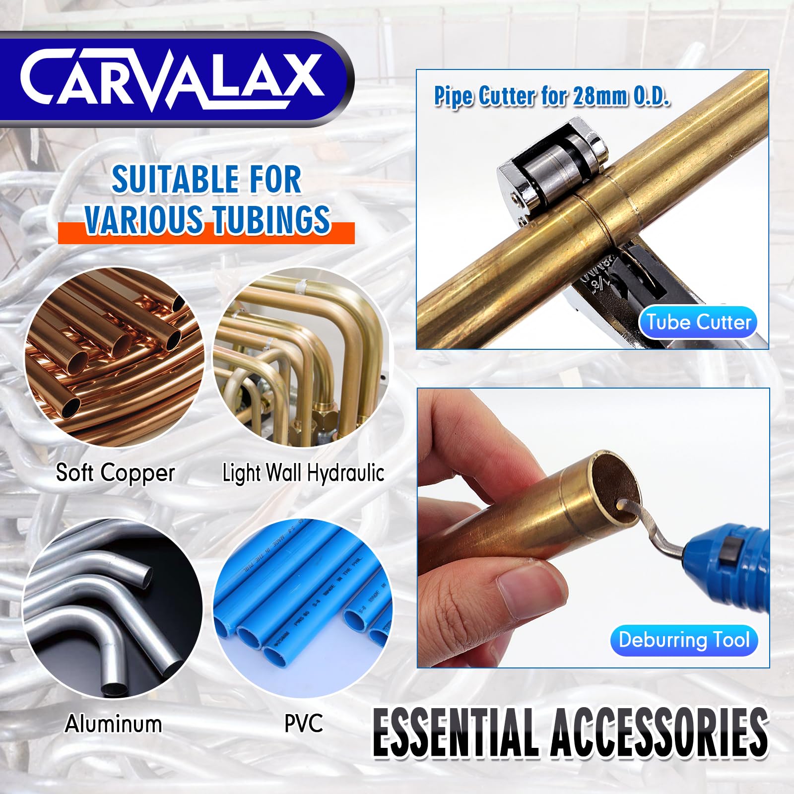 Built-in tube cutter and deburring tool deliver clean edges.