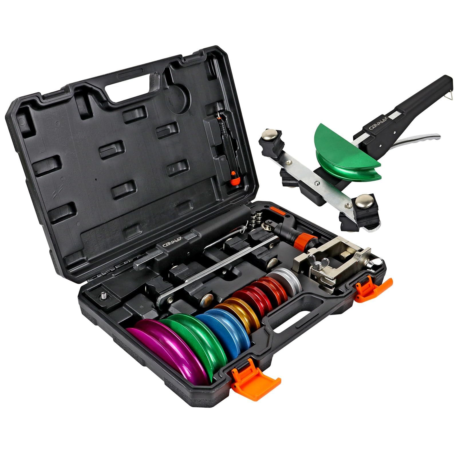 CARVALAX pipe bender kit with seven color-coded heads for fast size selection.