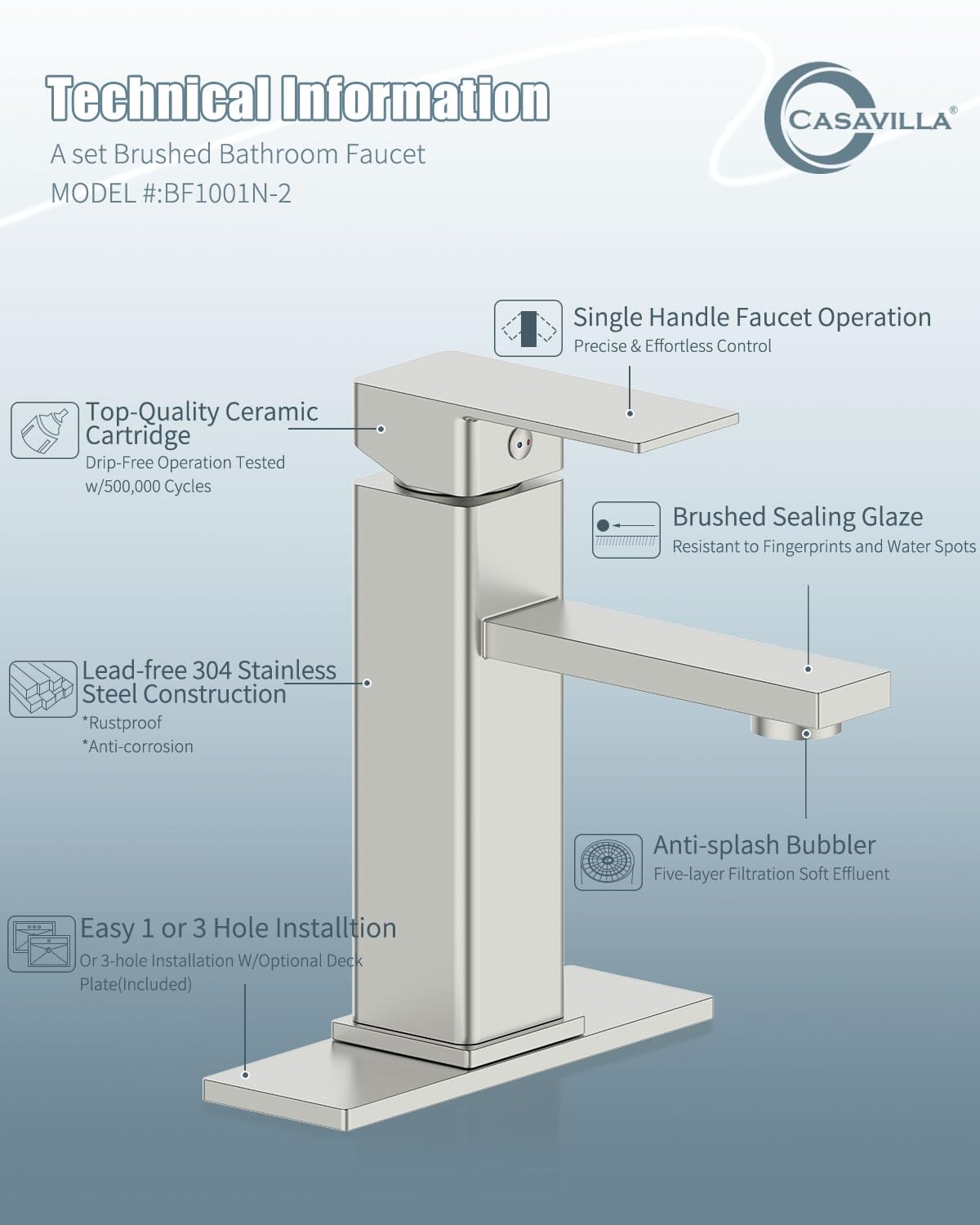 Casavilla bathroom faucet 3-hole installation option image shows versatile deck plate compatibility