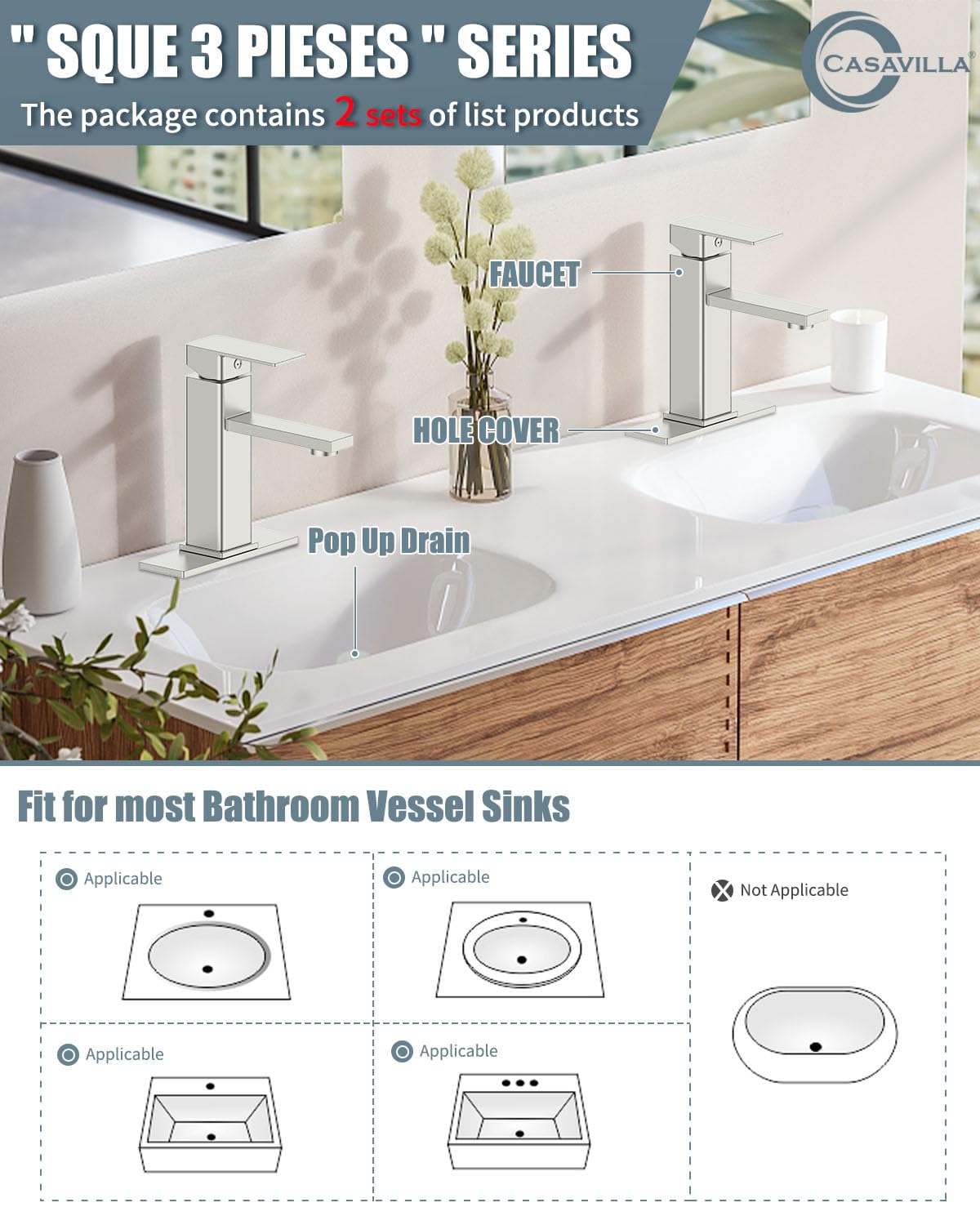 Casavilla bathroom faucet 6-inch deck plate close-up for versatile 1-3 hole installation