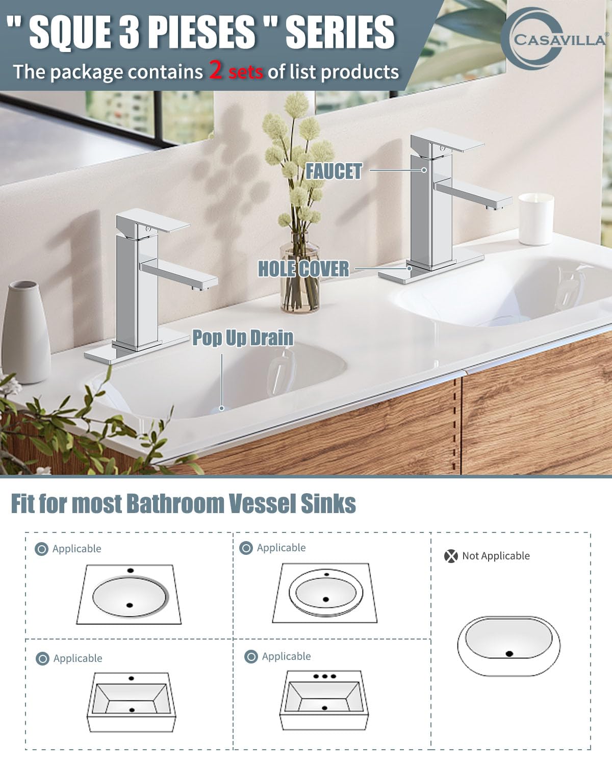 Casavilla pop-up drain included for easy, splash-free drainage.