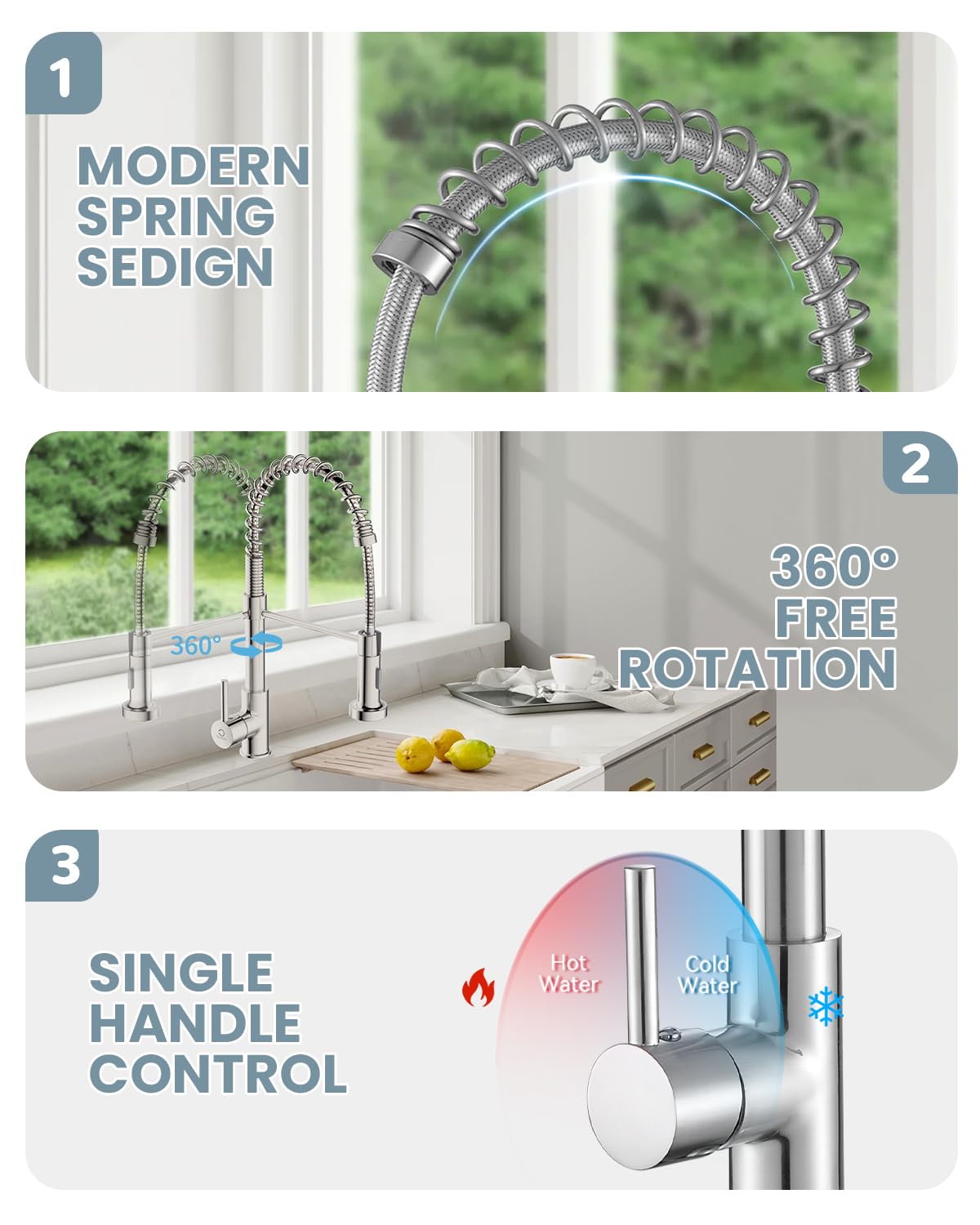 Casavilla 360-degree swivel spout reaches all corners of the sink.