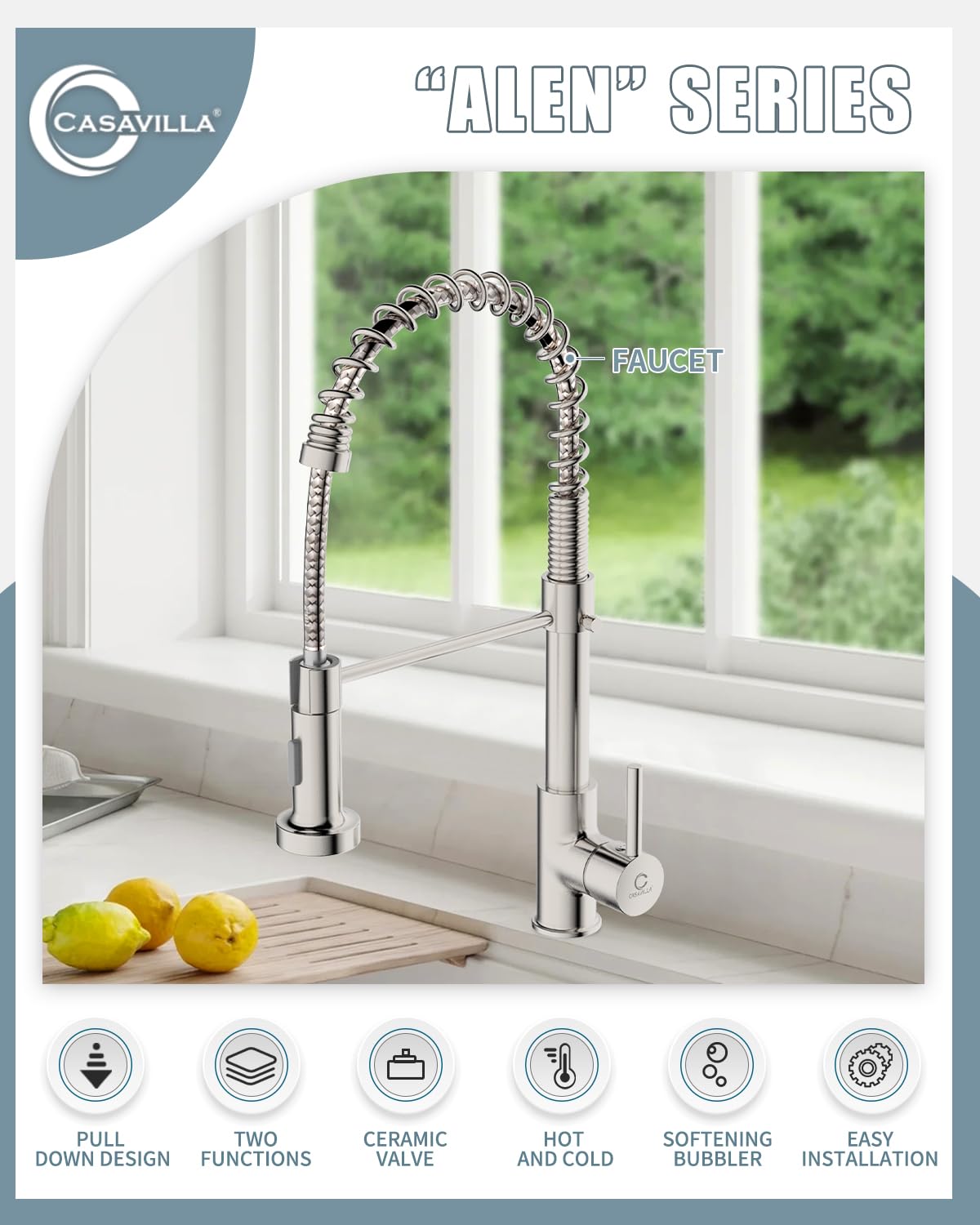 Casavilla brushed nickel finish faucet resists fingerprints and water spots.
