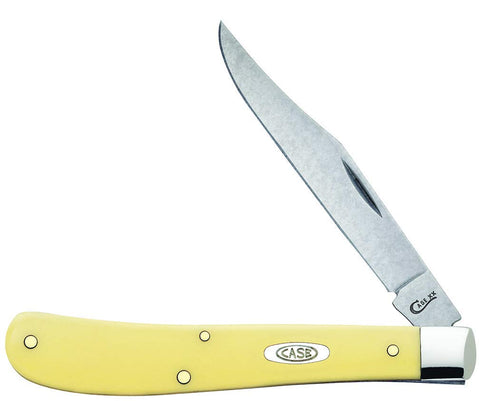 Case Slimline Trapper yellow synthetic handle for quick visibility in a toolbox.