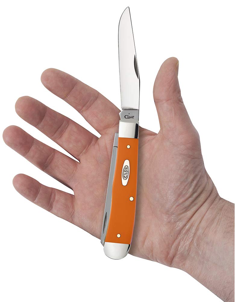 Case XX WR orange synthetic trapper packaging box with warranty and specs.
