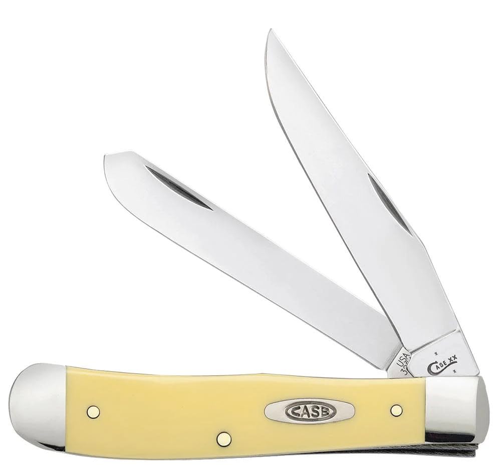 Case XX WR yellow synthetic trapper closed for easy pocket carry and quick access