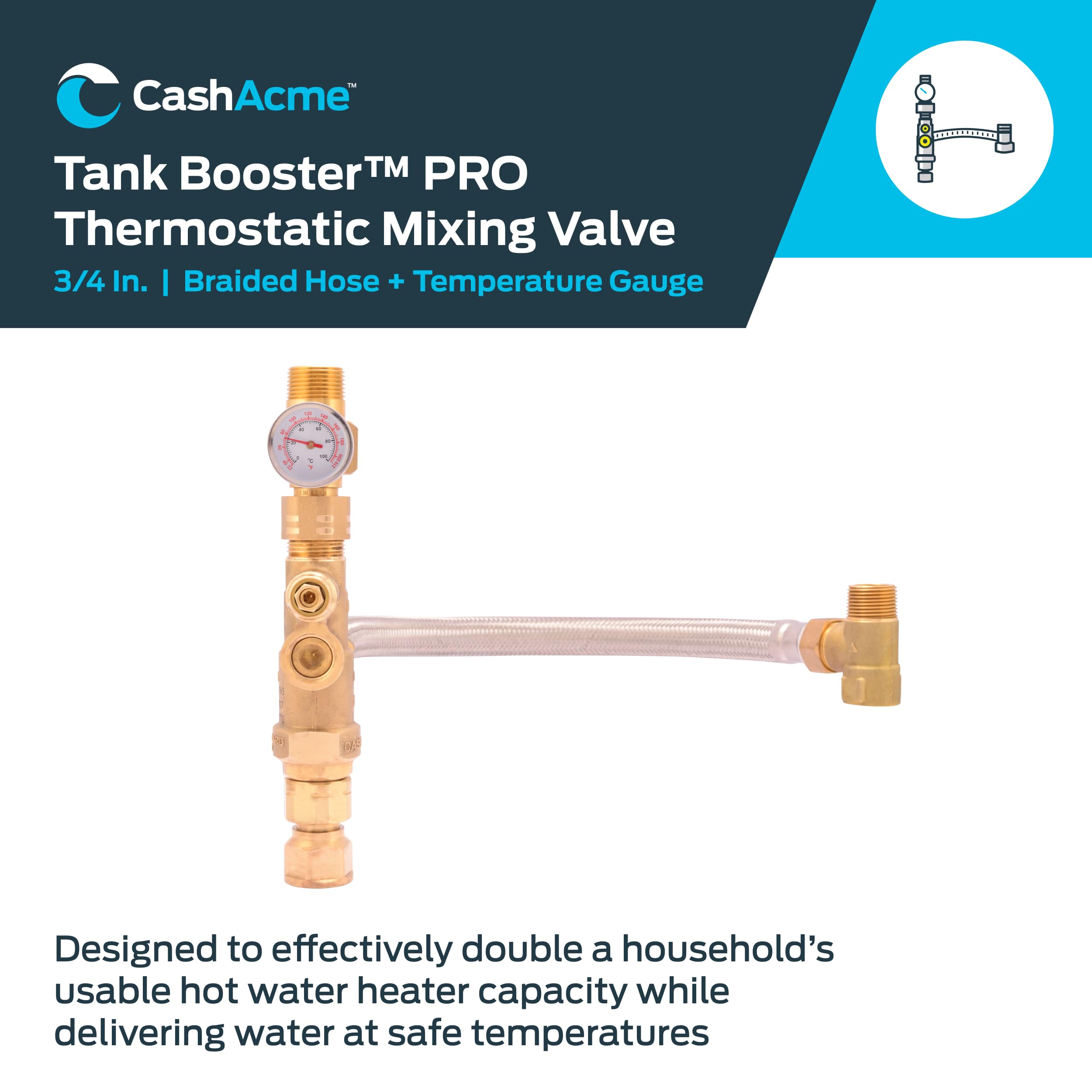 Cash Acme braided hose shows a durable, leak-free connection to the water heater