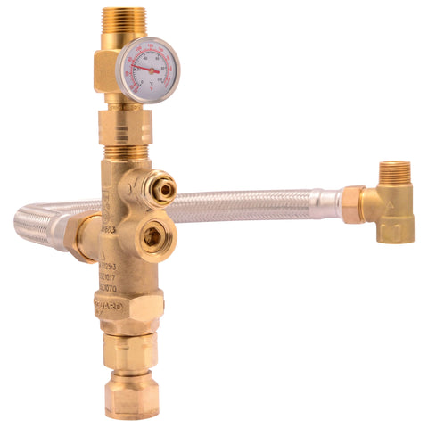 Cash Acme tank booster valve and gauge for safe tempered water delivery