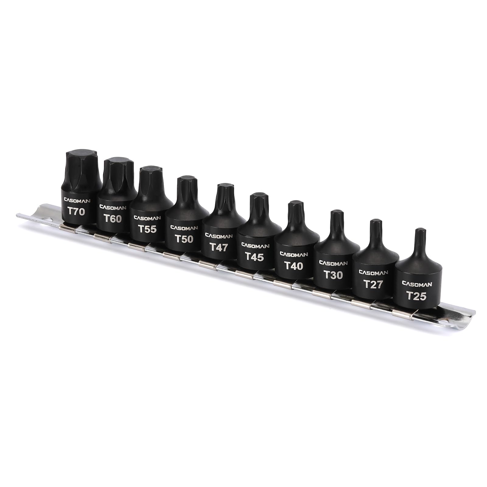 Casoman 10-piece torx bit set on rail for easy access in tight spaces