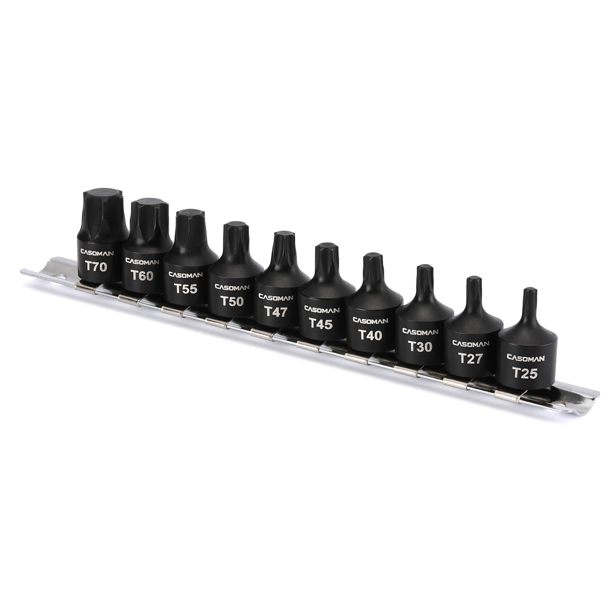 Casoman 10-piece torx bit set on rail for easy access in tight spaces