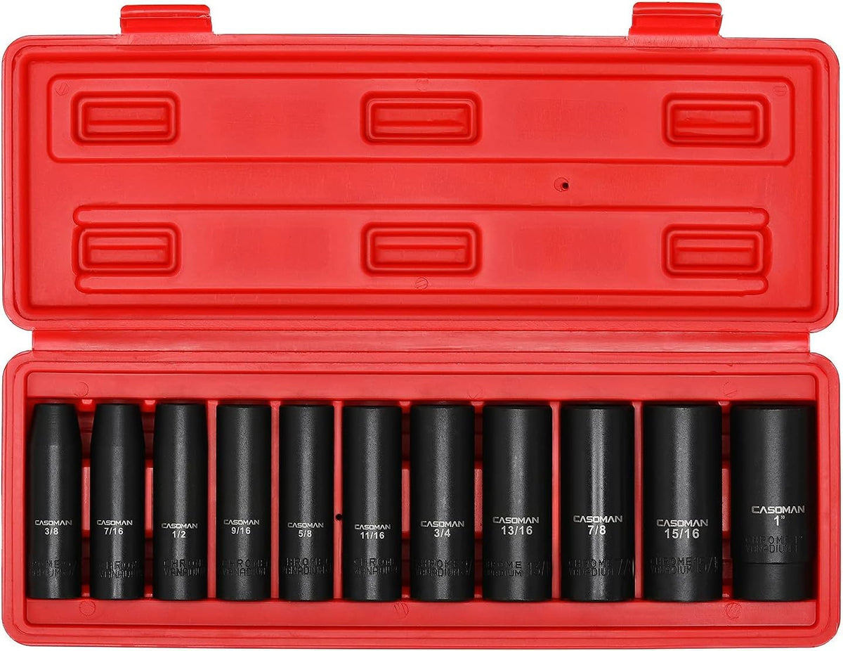 Casoman 11-piece 1/2-inch drive deep impact socket set in tray for quick access