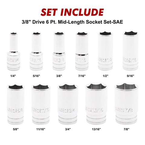 Casoman 11pcs 3/8 drive socket set with 5/16 inch for versatility.