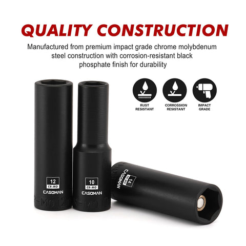 CASOMAN 12mm magnetic deep socket with 6-point grip minimizes rounding.
