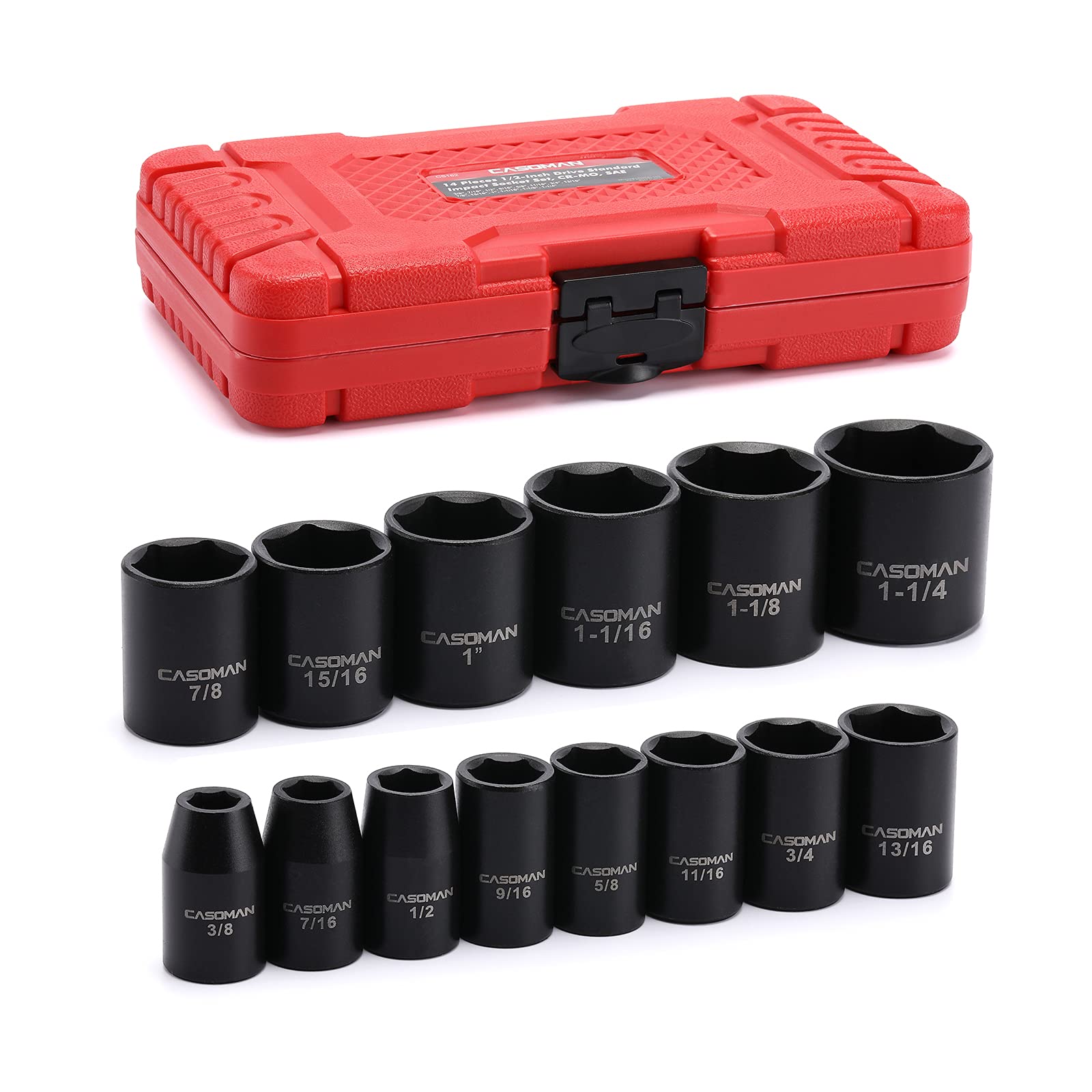 Casoman 14-piece shallow impact sockets for a wide range of SAE fasteners.