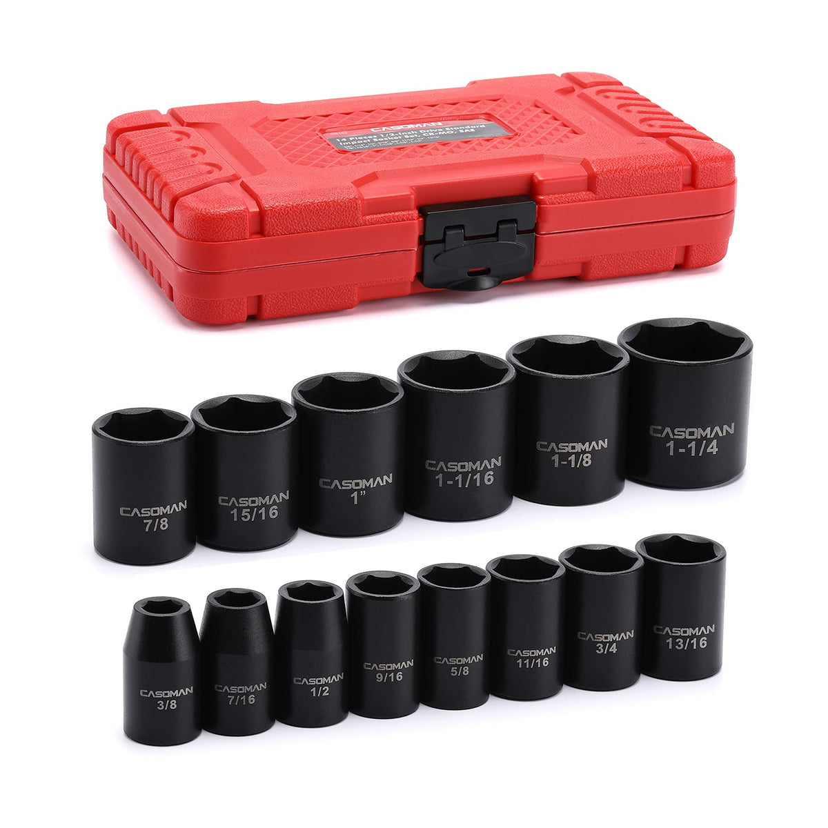 Casoman 14-piece shallow impact sockets for a wide range of SAE fasteners.